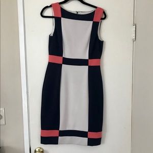 Navy, coral and white-color block knit dress
